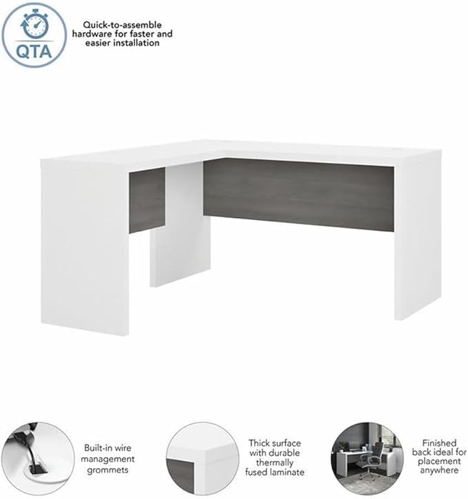 Pemberly Row Set of 2 L-Shaped Desk & 5-Shelf Bookcase in White & Gray