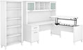 Pemberly Row Sit to Stand L Desk with Hutch and Bookcase, 72W Engineered Wood Office Set, White Finish, Height Adjustable Return, Frosted Glass Doors, 5 Shelf Bookcase, Ergonomic Home Office Furniture