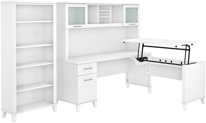 Pemberly Row Sit to Stand L Desk with Hutch and Bookcase, 72W Engineered Wood Office Set, White Finish, Height Adjustable Return, Frosted Glass Doors, 5 Shelf Bookcase, Ergonomic Home Office Furniture