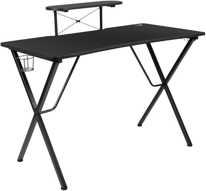 BOWERY HILL 2 Piece Gaming Desk Set with Monitor Stand, Black and Red, 51.5" W Desk and Adjustable Gaming Chair, Cable Management, Cup Holder, Headset Hook, Ergonomic Lumbar Support for Gaming Setup