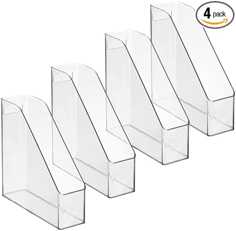 mDesign Plastic Slim Vertical File Folder Storage Organizer Bin with Handle, Hold Notebooks, Binders, Envelopes, Magazines for Home Office, Work Desktops, Ligne Collection, 4 Pack, Clear