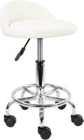 KKTONER PU Leather Round Rolling Stool with Foot Rest Height Adjustable Swivel Drafting Work SPA Medical Task Chair with Wheels (White)