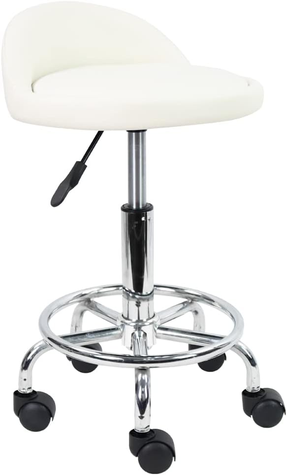 KKTONER PU Leather Round Rolling Stool with Foot Rest Height Adjustable Swivel Drafting Work SPA Medical Task Chair with Wheels (White)