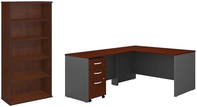 Pemberly Row Set of 2 Wood 5-Shelf Bookcase & L-Shaped Desk with Drawers