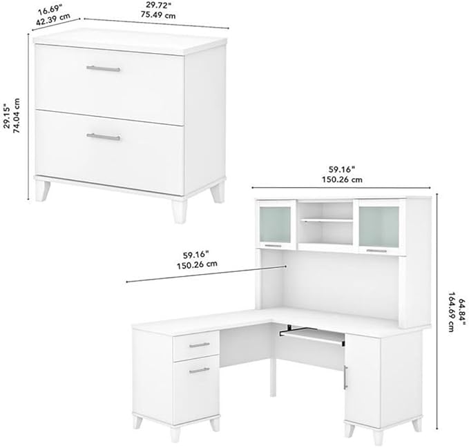 Pemberly Row Engineered Wood 60W L Shaped Desk with Hutch & File Cabinet, White Finish, Pull-Out Keyboard Tray, Frosted Glass Doors, Ball Bearing Slides, Home Office Furniture Set