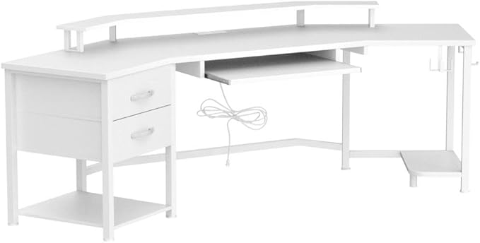 SEDETA 79" Gaming Desk, Computer Desk with 2 Fabric Drawers & LED Light, White Small Desk with Storage for Home Office, Carbon Fiber White