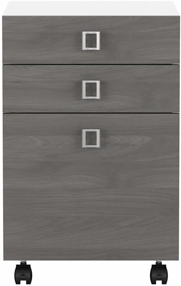 Pemberly Row Set of 2 L-Shaped Desk & Mobile File Cabinet in White & Gray