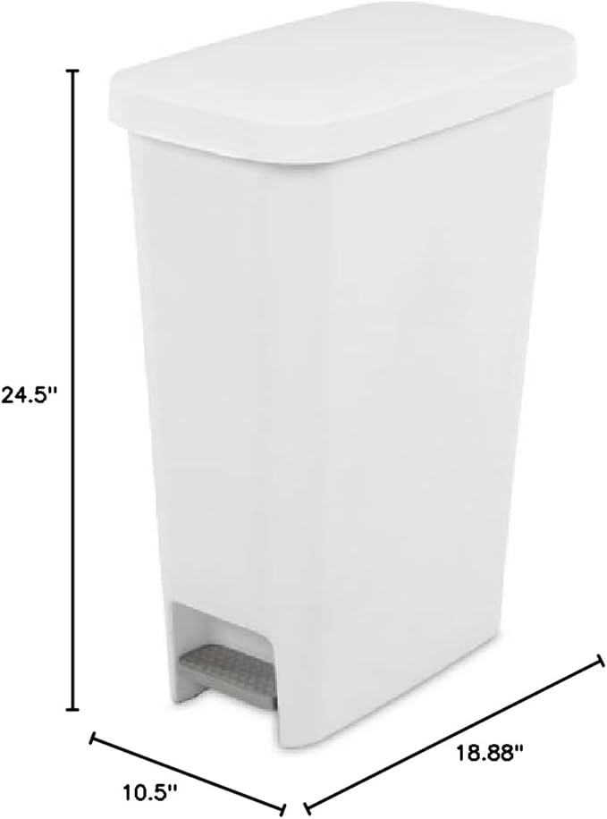 Sterilite 10588004 Slim Stepon Wastebasket, White, 11 Gallon