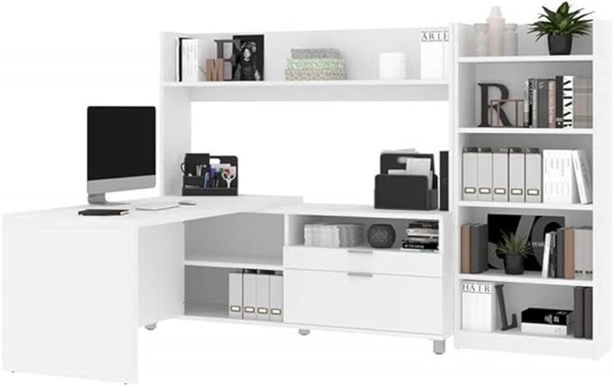 Scranton & Co L-Shaped Home Office Desk with Bookcase, White Finish, Corner Workspace and Storage Solution, Spacious Desktop, Integrated Shelving, Versatile Design for Office, Study, or Bedroom