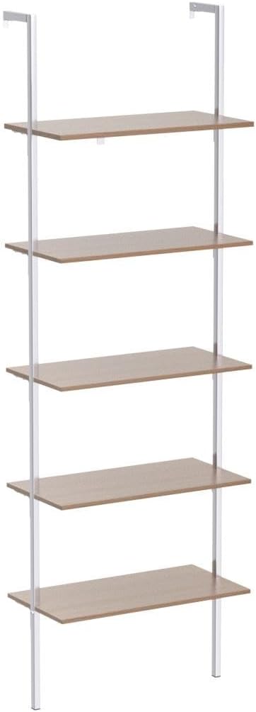 Karl home Ladder Shelf 5 Tier Wall Mounted Bookcase with Metal Frame, Open Design Shelves for Living Room, Bedroom, Home, Office, Oak Color (23.62" L x 11.81" W x 70.87" H)