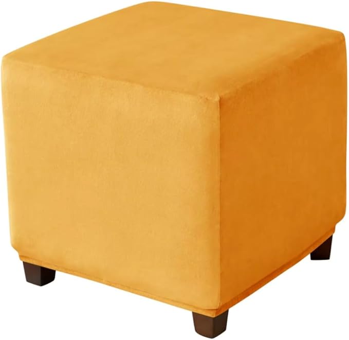 Ottoman Cover Square Velvet Ottoman Covers Protector for Footrest Foot Stool Furniture Stretch Comfortable with Elastic Bottom Small Yellow