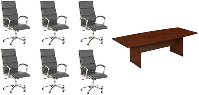 Pemberly Row Set of 7 - Cherry Conference Table & 6 Dark Gray Executive Chairs