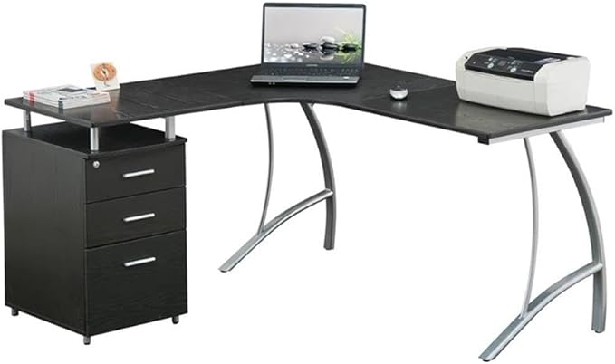 Scranton & Co Modern Wood L-Shaped Corner Desk, Espresso Finish, 30" H x 55" W x 59" D, MDF Panels with PVC Laminate, Built-in Locking Storage & Hanging File Cabinet, Space-Saving Home Office Desk