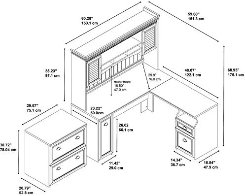Bush Home Fairview 60W L Shaped Desk with Hutch and Lateral File Cabinet in Antique White and Tea Maple