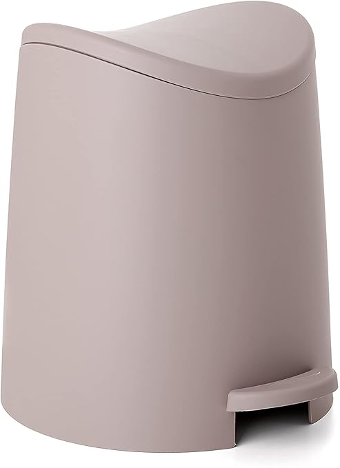 Superio MIni Plastic Bathroom Trash Can with Lid 3 Liter Taupe Modern Curved Step On Trash Can with Foot Pedal, Mini Kitchen Waste Bin, Durable and Soft Close for Bedroom, Office, Under Desk