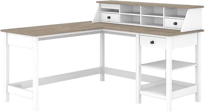 UrbanPro 60W L Shaped Computer Desk with Storage, Pure White and Shiplap Gray Finish, Desktop Organizer with Cubbies and Drawers, Modern Farmhouse Style Home Office Desk