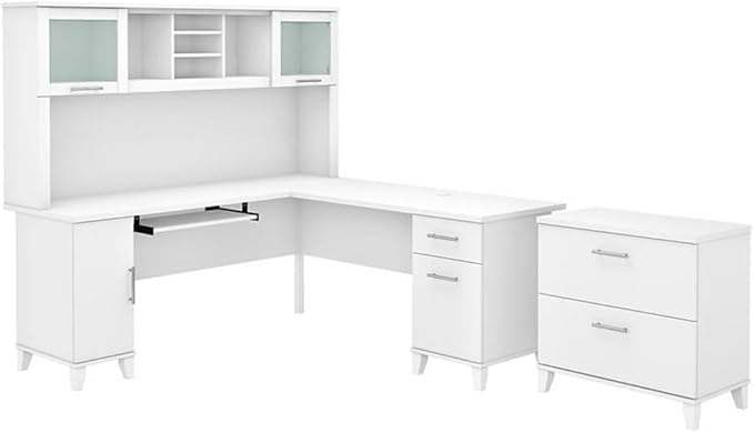 Pemberly Row 72W L Shaped Desk with Hutch & File Cabinet, Engineered Wood, White Finish, Ample Storage with Frosted Glass Hutch & File Drawers, Home Office Furniture Set