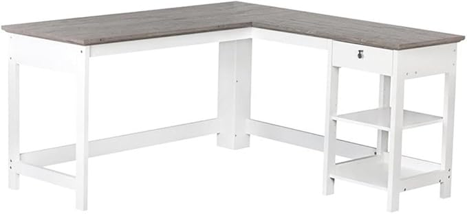 Pemberly Row Set of 2 White/Gray 3-Drawer Filing Cabinet & L-Shaped Writing Desk