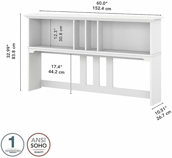 Pemberly Row 60W Hutch for L Shaped Desk, Engineered Wood, White/Shiplap Gray Finish, Open Cubby Storage, Mission Style Office Hutch for Books, Decorations, and Monitors