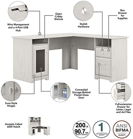 Scranton & Co Cabot L Shaped Desk with Hutch & Bookcase, White Oak Finish, 60W Computer Desk Set with USB Hub, Fluted Glass Doors, Adjustable Bookcase Shelves, Home Office Furniture