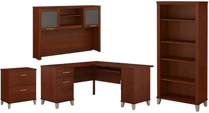 Bush Furniture Somerset 4 Piece 60" L-Shape Office Set in Hansen Cherry