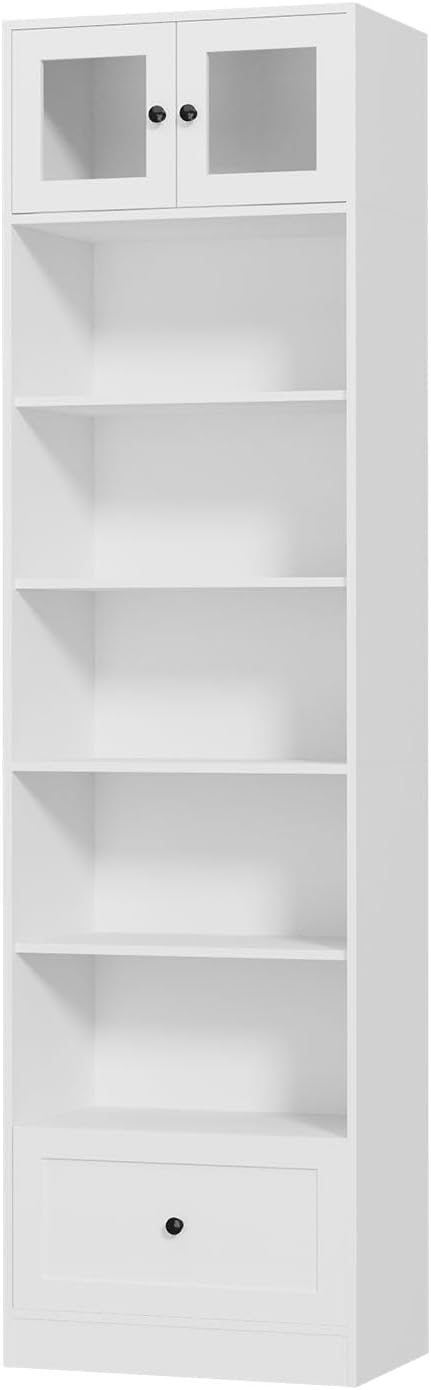 TUSY 85.5 Inch Tall Bookshelf with Doors - 7 Tier Bookcase with Glass Doors and Drawer, 23.6" Wide Storage Cabinet with Open Shelves for Living Room, White Book Shelf for Home Office, Study (B)