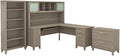 Scranton & Co Somerset 72W L Desk with Hutch, Storage in Ash Gray, Includes Lateral File Cabinet & 5 Shelf Bookcase, Frosted Glass Doors, Wire Management, Home Office Furniture Set