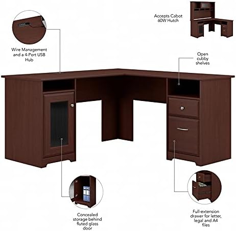 Bush Home Cabot L Shaped Desk with Hutch, Corner Desk with Storage for Home Office in Harvest Cherry, 60W L Shaped Computer Desk
