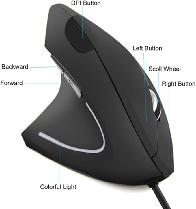 Ergonomic Vertical USB Wired Mouse, Left Handed Optical Mouse, 3 Adjustable DPI 800/1200/1600, 6 Programmable Buttons, Universal Gaming Mouse for Laptop, Desktop, Notebook, PC, Computer (Black)