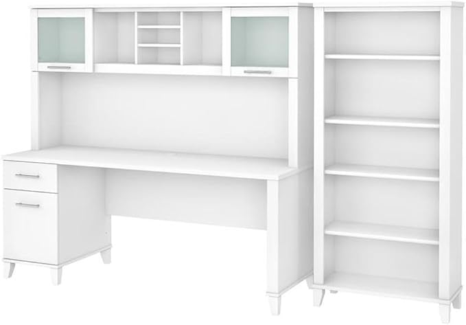 Pemberly Row 72W Office Desk with Hutch and 5 Shelf Bookcase, Engineered Wood, White Finish, Spacious Work Surface, Frosted Glass Doors, Adjustable Shelves, Home Office Furniture Set