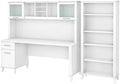 Pemberly Row 72W Office Desk with Hutch and 5 Shelf Bookcase, Engineered Wood, White Finish, Spacious Work Surface, Frosted Glass Doors, Adjustable Shelves, Home Office Furniture Set