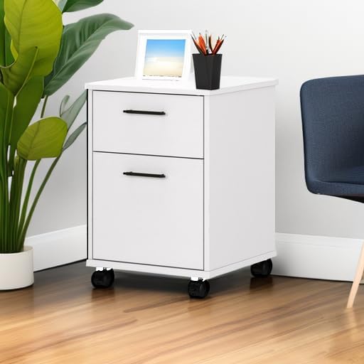 Bush Furniture Key West Rolling File Cabinet,File Cart for Home Office in Pure White Oak,2 Drawer File Cabinet on Wheels