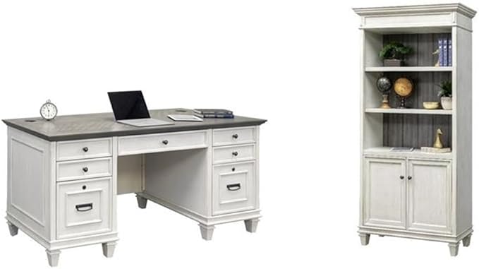 BOWERY HILL Set of 2 Double Pedestal Desk and Bookcase with Doors in White
