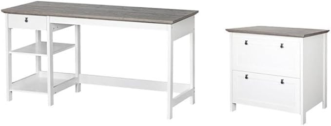 Pemberly Row Set of 2 59" Writing Desk & Lateral File Cabinet in White/Gray Oak