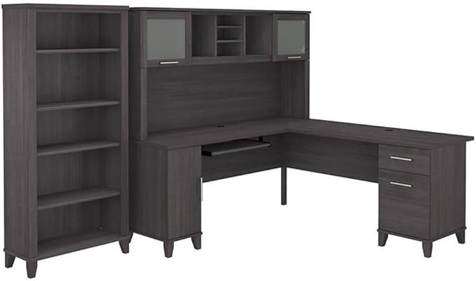 Bush Furniture Somerset 72W L Shaped Desk with Hutch and 5 Shelf Bookcase