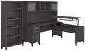 Pemberly Row 72W Sit to Stand L Shaped Desk Set with Hutch and 5 Shelf Bookcase, Engineered Wood, Storm Gray Finish, Adjustable Height, Frosted Glass Doors, Ergonomic Office Furniture for Workspace