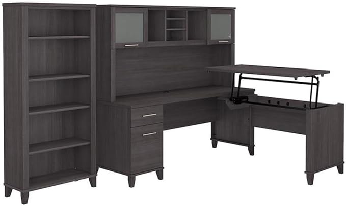 Pemberly Row 72W Sit to Stand L Shaped Desk Set with Hutch and 5 Shelf Bookcase, Engineered Wood, Storm Gray Finish, Adjustable Height, Frosted Glass Doors, Ergonomic Office Furniture for Workspace