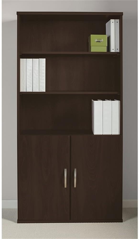 Pemberly Row Set of 2 Wood Bookcase with Doors & L-Shaped Desk with File Cabinet