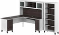 Bush Furniture Somerset 72W L Shaped Desk with Hutch and 5 Shelf Bookcase in White and Storm Gray