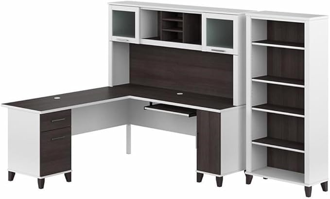 Bush Furniture Somerset 72W L Shaped Desk with Hutch and 5 Shelf Bookcase in White and Storm Gray