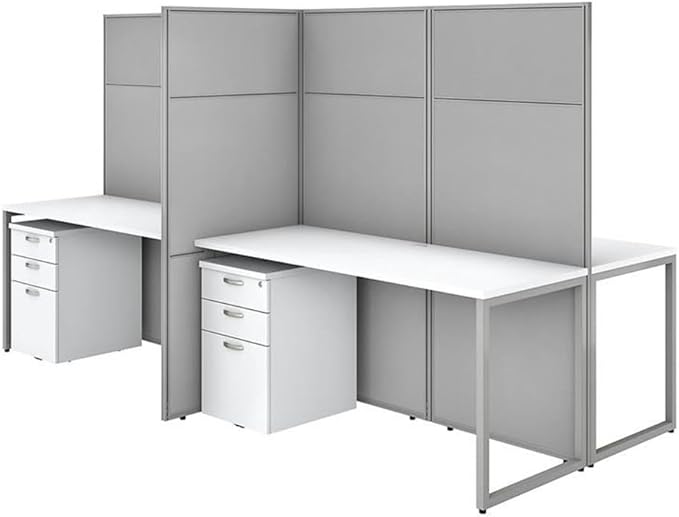 Scranton & Co Office Furniture 4 Person Desk, 60W x 24D with 66H Panels, White Finish, Thermally Fused Laminate Work Surface, File Cabinets, Built-in Wire Management, Private Workspace for Office Use