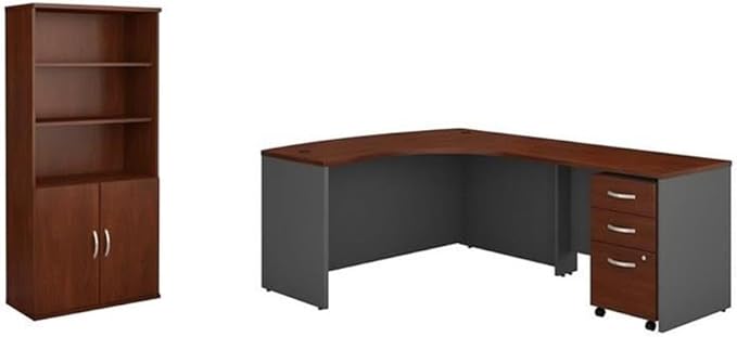 Pemberly Row Set of 2 Wood L-Shaped Desk & 5-Shelf Bookcase in Hasnen Cherry