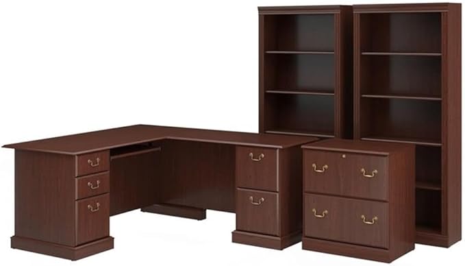 Pemberly Row L Shaped Office Desk Set, Engineered Wood, Harvest Cherry Finish, Includes 66W Desk with Drawers, 2 Five-Shelf Bookcases, 2-Drawer Lateral File Cabinet, Traditional Home Office Furniture