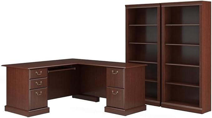 Pemberly Row L Shaped Executive Desk and 2 Bookcases, Harvest Cherry Finish, Engineered Wood, Durable Laminates, Gold Brass Hardware, 66W x 71D Office Set for Home or Professional Workspace