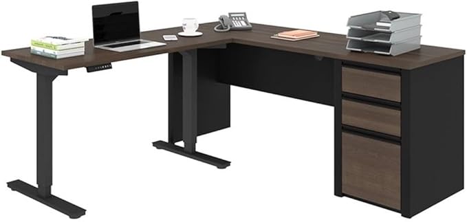 Pemberly Row 2 Piece Standing Desk Set, Adjustable Height 28"-45", Antigua and Black Finish, Particle Board and Melamine, Includes Storage Credenza with 3 Drawers, Reversible Design, Home Office