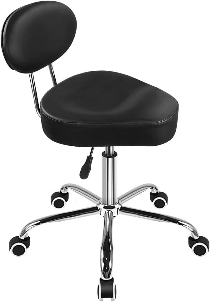 WKWKER Saddle Stool with Back Adjustable Drafting Chair Swivel Rolling Stool with Backrest PU Leather Saddle Chair for Office Lab Drafting Counter Salon Barber Shop Kitchen Front Desk (Black)