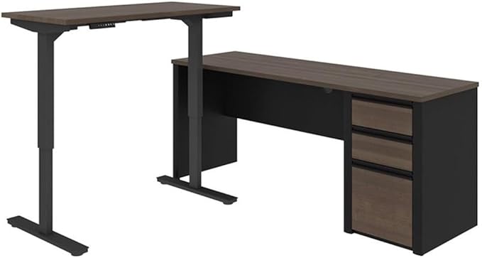 Pemberly Row 2 Piece Standing Desk Set, Adjustable Height 28"-45", Antigua and Black Finish, Particle Board and Melamine, Includes Storage Credenza with 3 Drawers, Reversible Design, Home Office