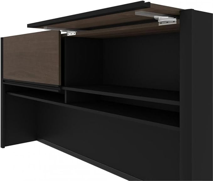 BOWERY HILL U-Shaped Computer Desk with Hutch, 92.6 in x 71.1 in x 65.9 in, Antigua and Black Finish, Commercial Grade Particle Board, Lockable Drawers, Reversible Design, Home or Office Workstation