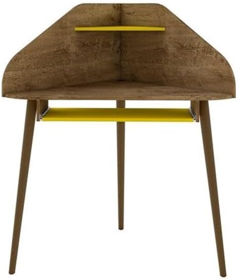 Eden Home 2-Piece Wood Cubicle Desk Set, MDF Rustic Brown and Yellow Finish, Includes Keyboard Drawer, Overhead Shelf, Mid-Century Modern Corner Design for Home Office Use