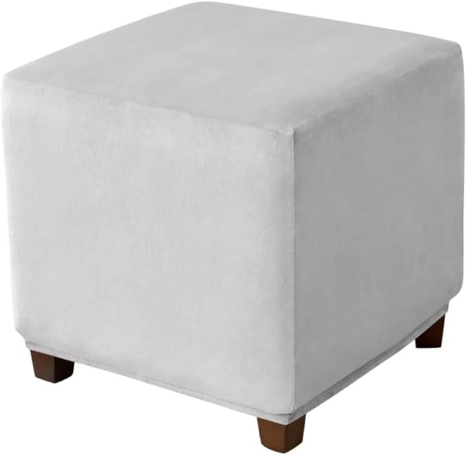 Ottoman Cover Square Velvet Ottoman Covers Protector for Footrest Foot Stool Furniture Stretch Comfortable with Elastic Bottom Medium Light Grey